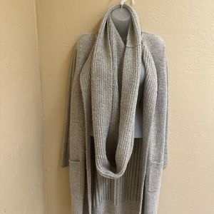 Woman’s, size large, light gray, longer cardigan sweater.with attached scarf.
